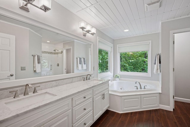 6253 Niagara Ct N, Maple Grove, MN 55311 - full bathroom with a stall shower, double vanity, a tub with jets, wood finished floors, and wood ceiling