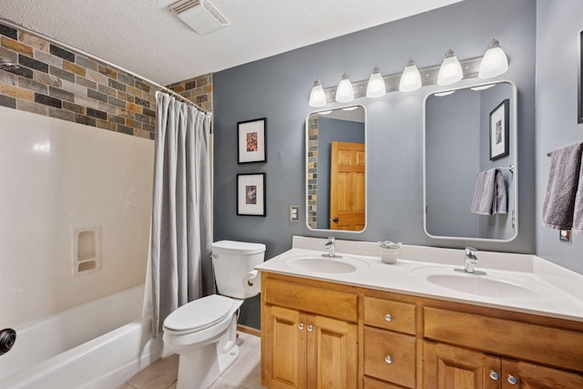 6253 Niagara Ct N, Maple Grove, MN 55311 - bathroom featuring toilet, a textured ceiling, double vanity, shower / bathtub combination with curtain, and tile patterned floors