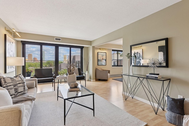 52 Groveland Ter Unit A402, Minneapolis, MN 55403 - living area featuring wood finished floors, healthy amount of natural light, a textured ceiling, and baseboards