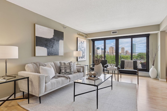 52 Groveland Ter Unit A402, Minneapolis, MN 55403 - living room with baseboards, a textured ceiling, and wood finished floors
