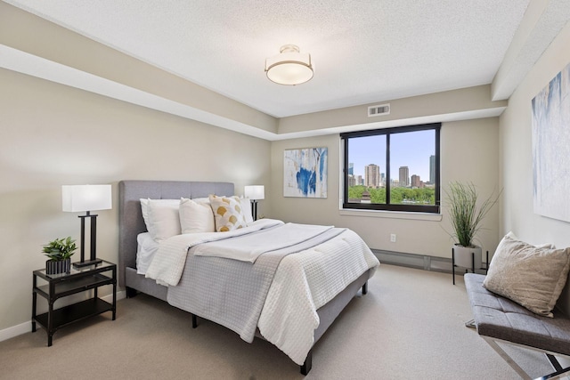 52 Groveland Ter Unit A402, Minneapolis, MN 55403 - bedroom with light colored carpet, baseboards, a textured ceiling, and a view of skyline