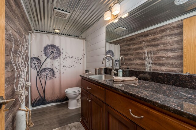 641 Beverly St, Wanamingo, MN 55983 - bathroom with vanity, wood walls, wood finished floors, toilet, and a shower with curtain