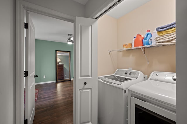 3474 White Pine Way, Stillwater, MN 55082 - washroom featuring washer and clothes dryer, dark wood-type flooring, a ceiling fan, and baseboards
