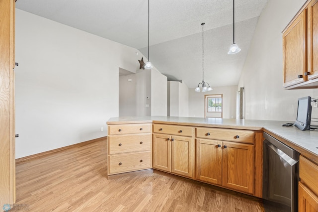 4388 52nd St S, Fargo, ND 58104 - kitchen featuring stainless steel dishwasher, vaulted ceiling, light wood-style flooring, a peninsula, and a chandelier