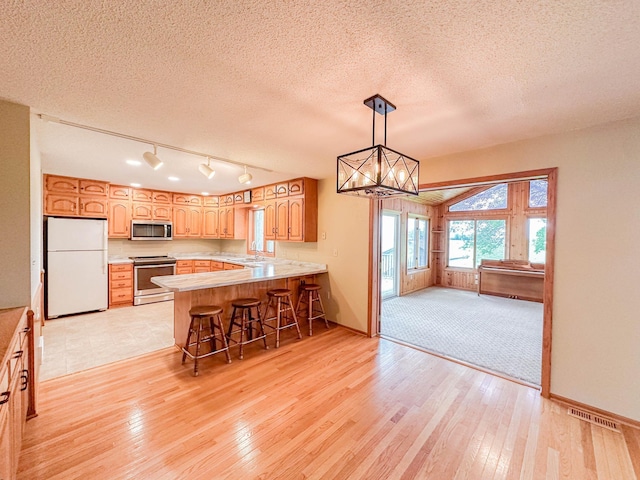 731 Grove Ave, Bird Island, MN 55310 - kitchen with appliances with stainless steel finishes, a chandelier, light wood-type flooring, a peninsula, and light countertops