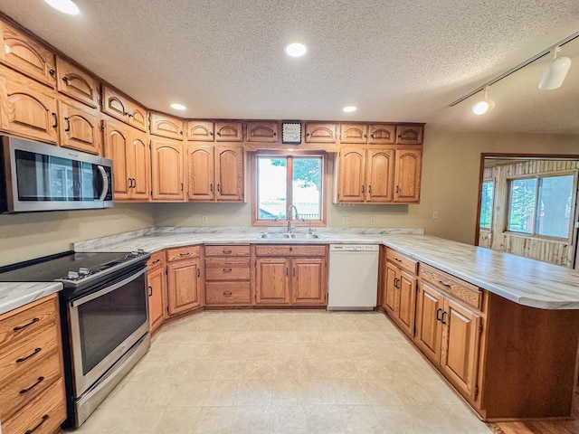 731 Grove Ave, Bird Island, MN 55310 - kitchen featuring stainless steel appliances, a sink, a peninsula, a textured ceiling, and light countertops