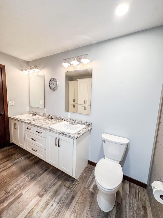 731 Grove Ave, Bird Island, MN 55310 - full bath featuring wood finished floors, double vanity, toilet, and baseboards