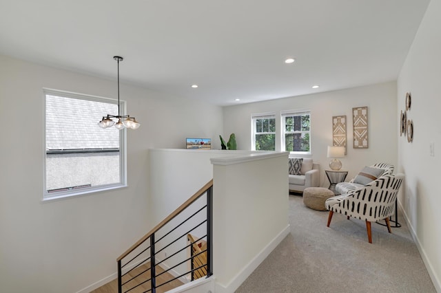 4804 12th Ave S, Minneapolis, MN 55417 - corridor featuring an upstairs landing, a chandelier, baseboards, recessed lighting, and carpet flooring