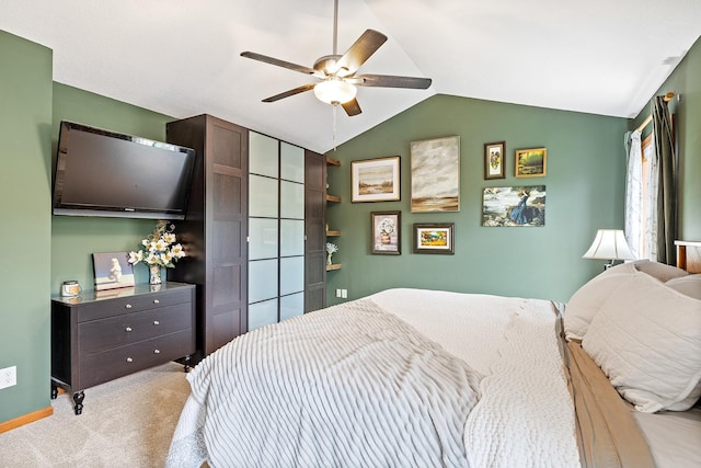 2040 Fountain Ln, Waconia, MN 55387 - bedroom featuring lofted ceiling, light colored carpet, and ceiling fan