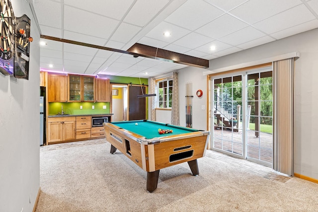 2040 Fountain Ln, Waconia, MN 55387 - recreation room with light carpet, billiards, a drop ceiling, bar, and recessed lighting