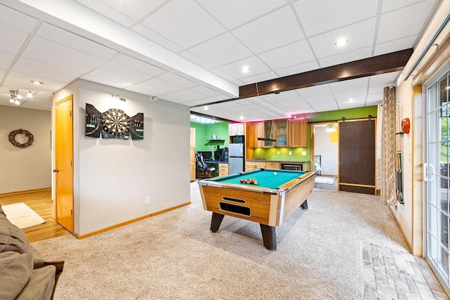 2040 Fountain Ln, Waconia, MN 55387 - recreation room featuring billiards table, a drop ceiling, light colored carpet, recessed lighting, and a barn door