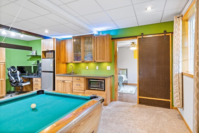 2040 Fountain Ln, Waconia, MN 55387 - game room featuring a paneled ceiling, wet bar, billiards table, and ceiling fan