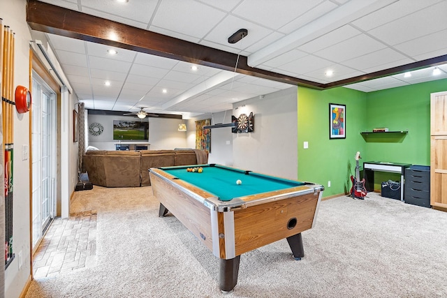 2040 Fountain Ln, Waconia, MN 55387 - game room with carpet floors, billiards table, a paneled ceiling, recessed lighting, and a ceiling fan