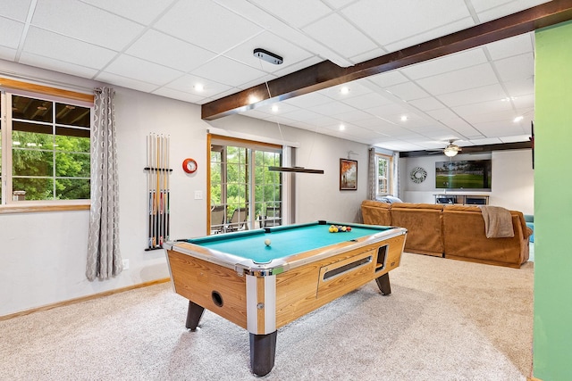 2040 Fountain Ln, Waconia, MN 55387 - rec room featuring billiards, plenty of natural light, carpet floors, a paneled ceiling, and recessed lighting