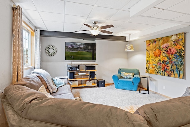 2040 Fountain Ln, Waconia, MN 55387 - living room with carpet flooring, a ceiling fan, and a drop ceiling