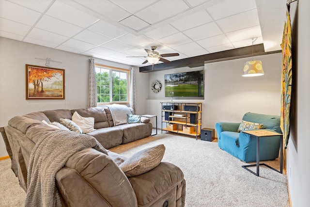 2040 Fountain Ln, Waconia, MN 55387 - living area with carpet, a drop ceiling, and a ceiling fan