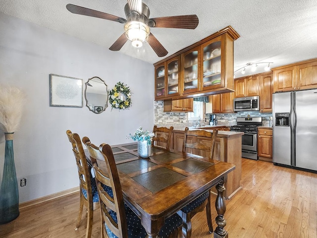 10740 99th Pl N, Maple Grove, MN 55369 - dining area with light wood-type flooring, a textured ceiling, a ceiling fan, and rail lighting