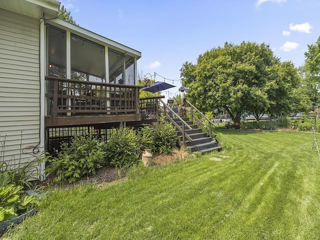 10740 99th Pl N, Maple Grove, MN 55369 - view of grassy yard featuring a sunroom, stairway, and a wooden deck