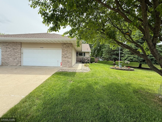 1508 Terrance Cir NE, New Prague, MN 56071 - view of front of home featuring brick siding, driveway, a garage, a front lawn, and a shingled roof