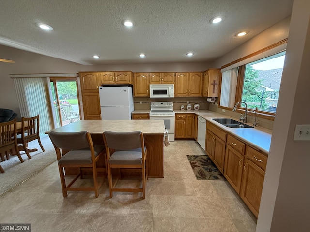 1508 Terrance Cir NE, New Prague, MN 56071 - kitchen featuring white appliances, a sink, healthy amount of natural light, a textured ceiling, and light countertops