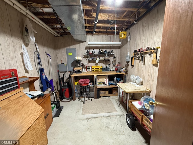 1508 Terrance Cir NE, New Prague, MN 56071 - unfinished below grade area featuring a workshop area, electric panel, and wood walls