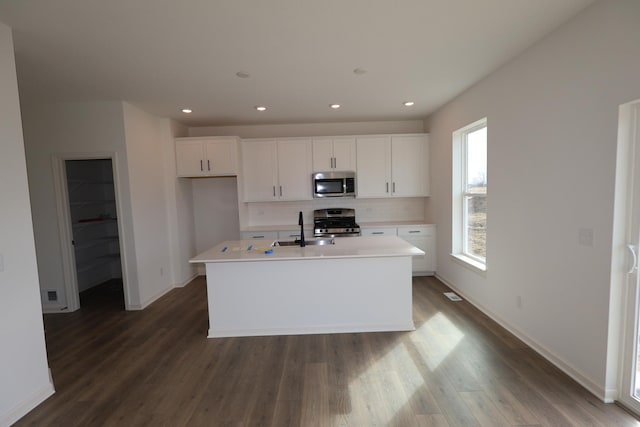 7150 Large Ave NE, Otsego, MN 55301 - kitchen featuring appliances with stainless steel finishes, tasteful backsplash, white cabinetry, light countertops, and dark wood-style floors