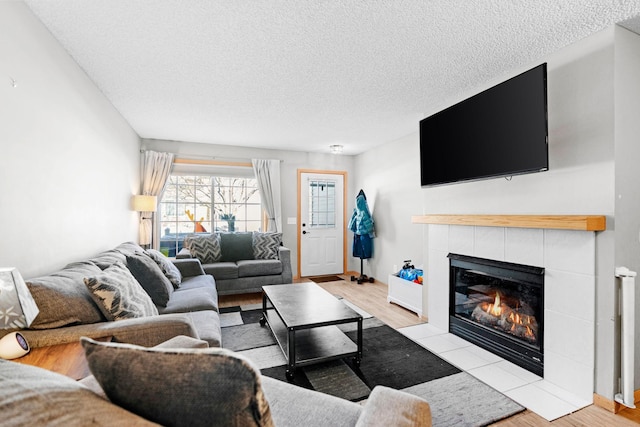 20616 Erin Way Unit 74, Farmington, MN 55024 - living room with a tiled fireplace, light wood finished floors, and a textured ceiling