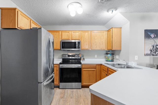 20616 Erin Way Unit 74, Farmington, MN 55024 - kitchen with appliances with stainless steel finishes, a sink, light wood finished floors, a textured ceiling, and light countertops