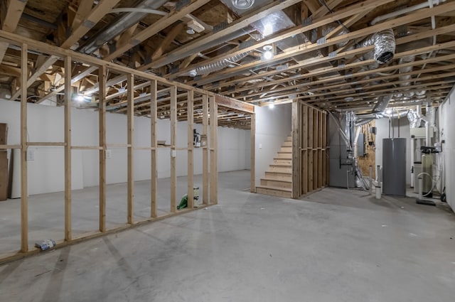 642 Haeberle Ave, New Ulm, MN 56073 - unfinished basement featuring heating unit, stairs, and water heater