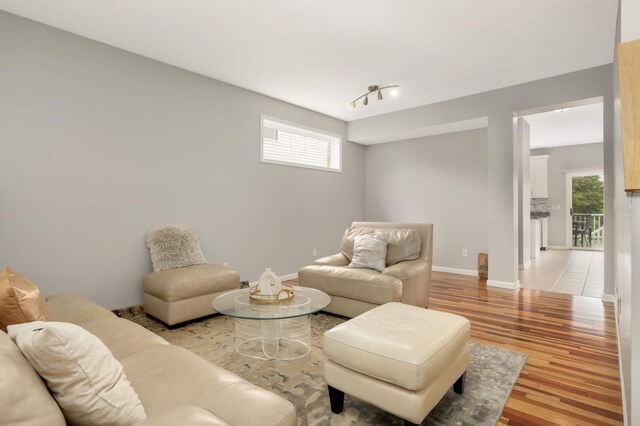 12049 Waconia Cir NE, Blaine, MN 55449 - living room with wood finished floors, healthy amount of natural light, baseboards, and track lighting