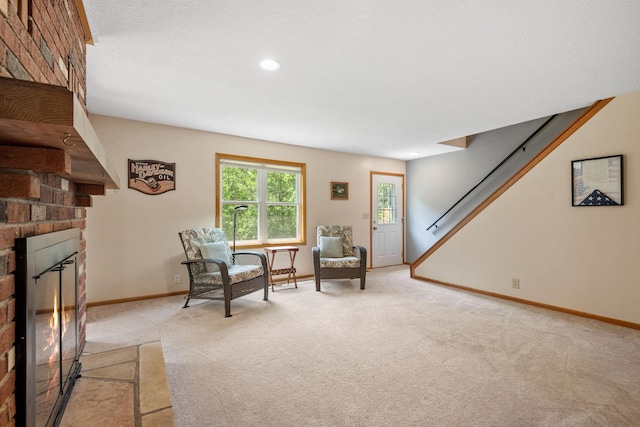 11520 120th St N, Stillwater, MN 55082 - living area with light colored carpet, a fireplace, baseboards, stairs, and wine cooler