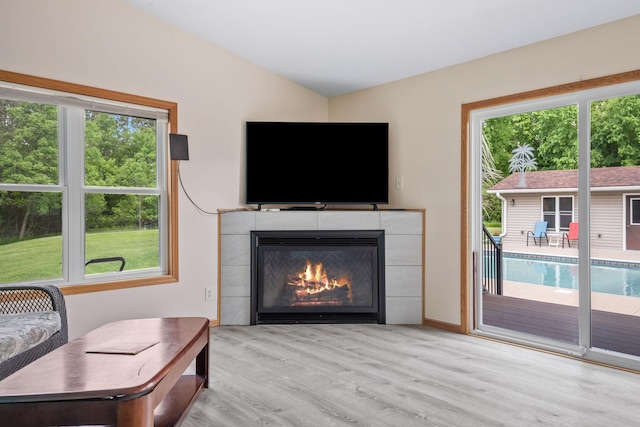 11520 120th St N, Stillwater, MN 55082 - living area with wood finished floors, vaulted ceiling, and a fireplace