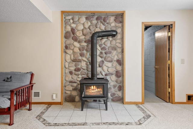 11520 120th St N, Stillwater, MN 55082 - detailed view of a wood stove, baseboards, and a textured ceiling