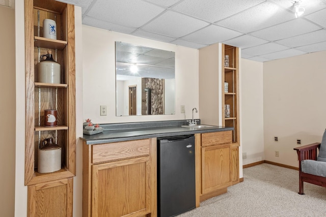 11520 120th St N, Stillwater, MN 55082 - indoor wet bar with refrigerator, a drop ceiling, light colored carpet, and baseboards