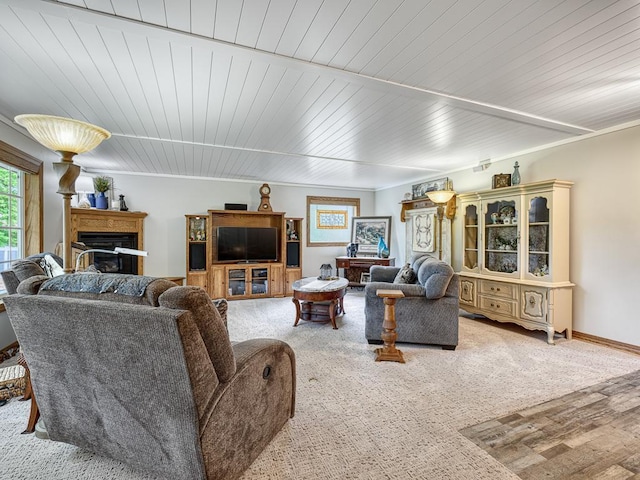 1144 Waldon Pl, Arden Hills, MN 55112 - living area with light carpet, a fireplace, and wooden ceiling