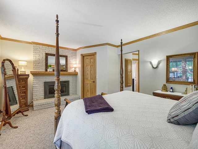 1144 Waldon Pl, Arden Hills, MN 55112 - bedroom featuring carpet floors, crown molding, a brick fireplace, and a textured ceiling