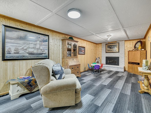 1144 Waldon Pl, Arden Hills, MN 55112 - sitting room featuring wooden walls, carpet flooring, a fireplace, and a textured ceiling
