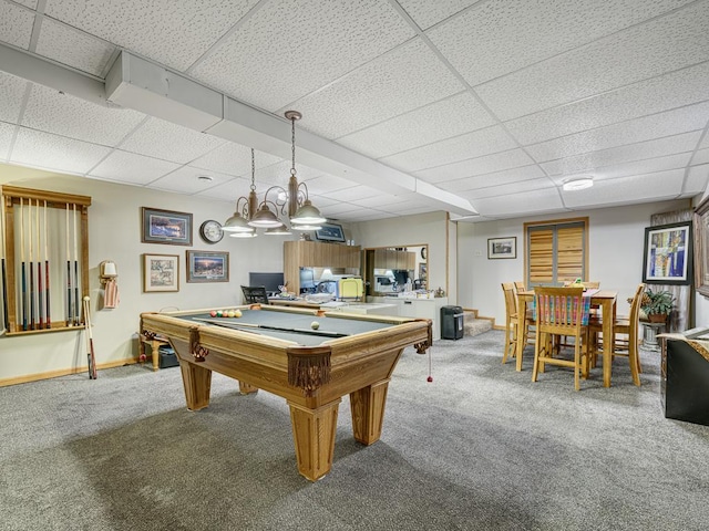 1144 Waldon Pl, Arden Hills, MN 55112 - recreation room featuring carpet, a paneled ceiling, billiards, and baseboards