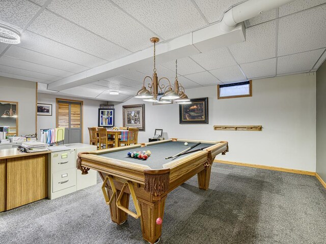 1144 Waldon Pl, Arden Hills, MN 55112 - recreation room with light colored carpet, a paneled ceiling, billiards table, and baseboards