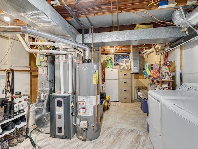 1144 Waldon Pl, Arden Hills, MN 55112 - unfinished basement featuring gas water heater, washing machine and dryer, freestanding refrigerator, and heating unit