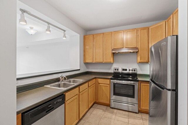 560 2nd St Unit 408, Minneapolis, MN 55401 - kitchen featuring stainless steel appliances, under cabinet range hood, a sink, track lighting, and dark countertops