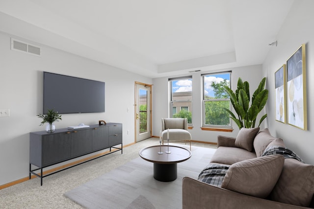 560 2nd St Unit 408, Minneapolis, MN 55401 - living room featuring a tray ceiling, baseboards, and carpet
