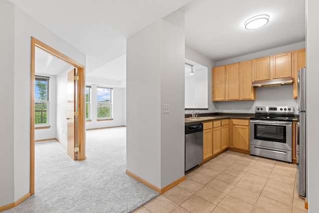 560 2nd St Unit 408, Minneapolis, MN 55401 - kitchen with stainless steel appliances, under cabinet range hood, baseboards, light colored carpet, and a sink