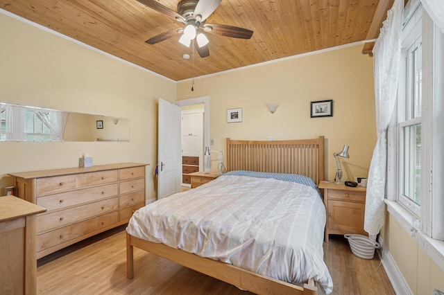 1441 Simpson St, Saint Paul, MN 55108 - bedroom featuring ornamental molding, light wood-style flooring, wooden ceiling, and a ceiling fan