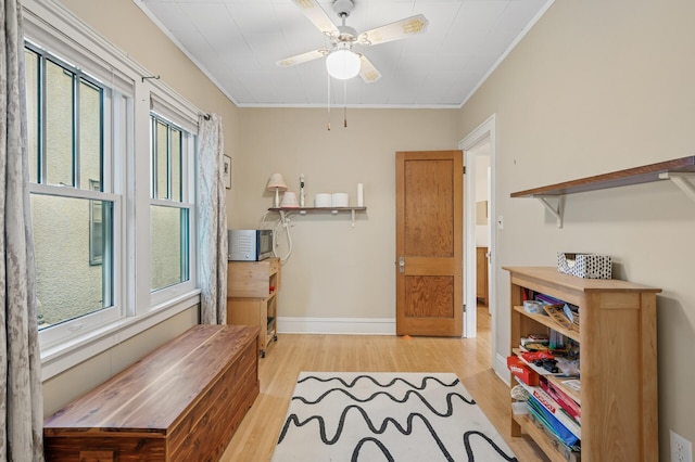 1441 Simpson St, Saint Paul, MN 55108 - office with crown molding, light wood-style flooring, plenty of natural light, and a ceiling fan