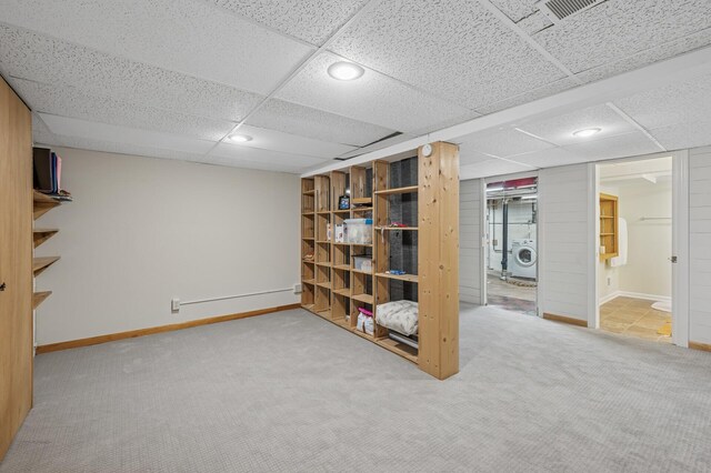1441 Simpson St, Saint Paul, MN 55108 - finished below grade area featuring washer / clothes dryer, carpet floors, a baseboard radiator, recessed lighting, and a paneled ceiling