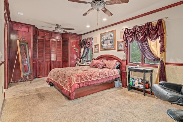 4480 253rd Ave NW, Isanti, MN 55040 - carpeted bedroom with ornamental molding, a ceiling fan, recessed lighting, and a wainscoted wall