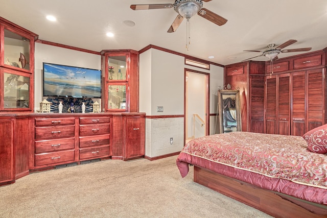 4480 253rd Ave NW, Isanti, MN 55040 - bedroom featuring light carpet, crown molding, recessed lighting, and ceiling fan