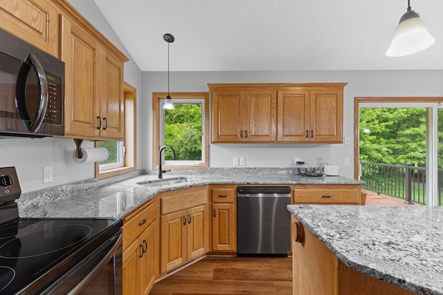 18358 Jenkins St NE, East Bethel, MN 55011 - kitchen featuring dishwasher, electric range oven, black microwave, a sink, and light stone countertops