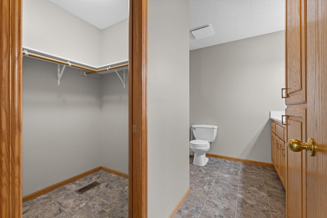 18358 Jenkins St NE, East Bethel, MN 55011 - bathroom with toilet, vanity, a textured ceiling, a walk in closet, and baseboards